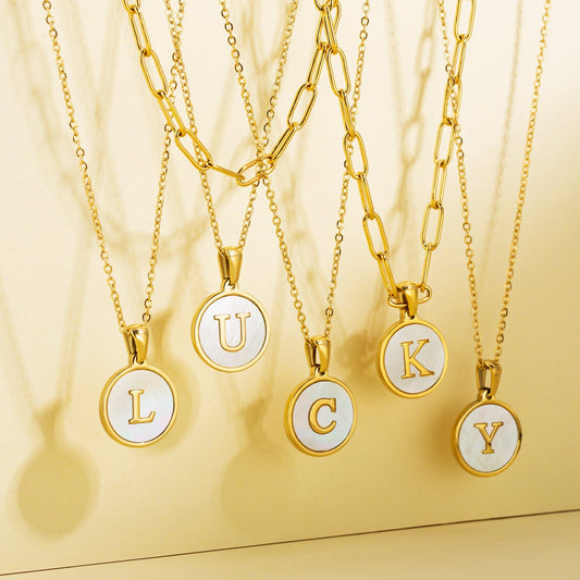 LWN41243 Adjustable Choker Coin Gold Plated Mother Of Pearl Pendant Chain Layered Letter Initial Necklace For Women