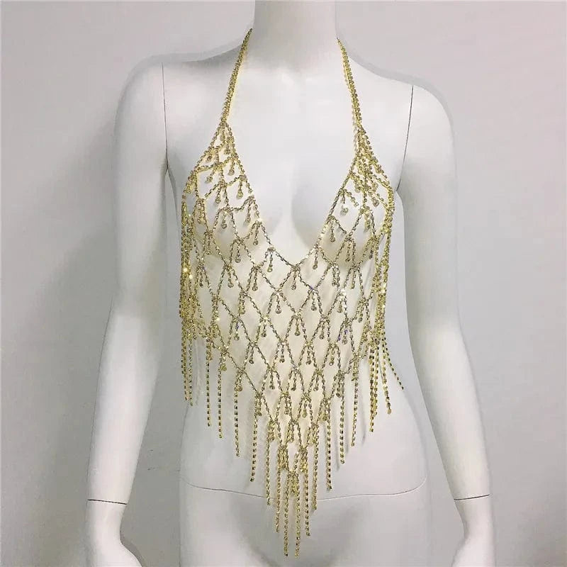 LWZ30088 Women Rhinestone Sexy lingerie Body Chain Tassel Bra Jewelry Party Nightclub Shiny Diamond Backless Halter Bralette Top