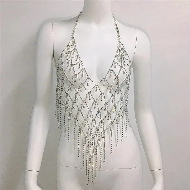LWZ30088 Women Rhinestone Sexy lingerie Body Chain Tassel Bra Jewelry Party Nightclub Shiny Diamond Backless Halter Bralette Top