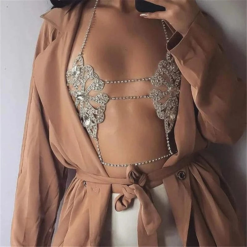 LWZ30093 Women Rhinestone Sexy lingerie Body Chain Bra Jewelry Party Night Club Shiny Diamond Metal Backless Halter Bralette Top