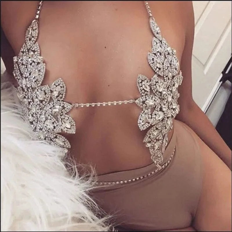 LWZ30106 Women Rhinestone Sexy lingerie Body Chain Bra Jewelry Party Night Club Shiny Diamond Metal Backless Halter Bralette Top