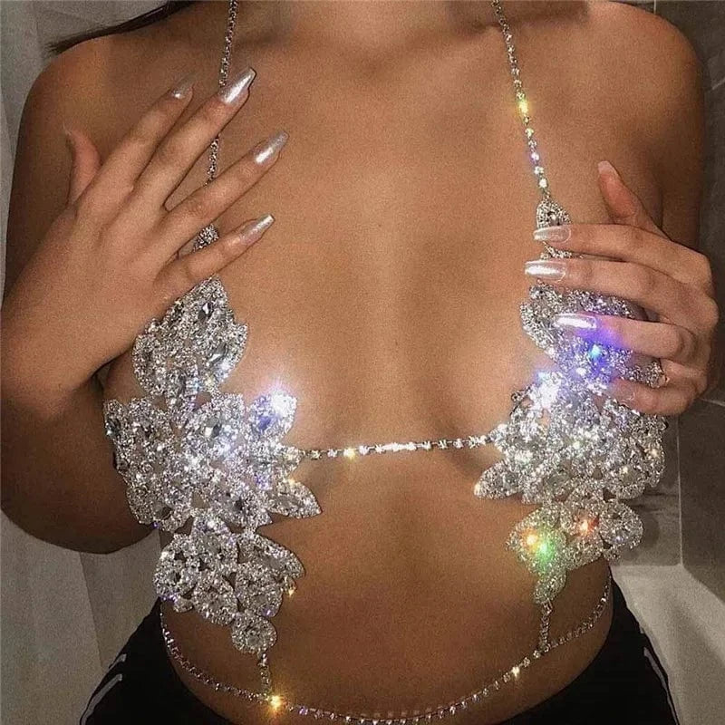 LWZ30106 Women Rhinestone Sexy lingerie Body Chain Bra Jewelry Party Night Club Shiny Diamond Metal Backless Halter Bralette Top