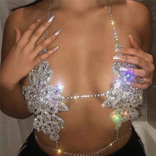 LWZ30106 Women Rhinestone Sexy lingerie Body Chain Bra Jewelry Party Night Club Shiny Diamond Metal Backless Halter Bralette Top
