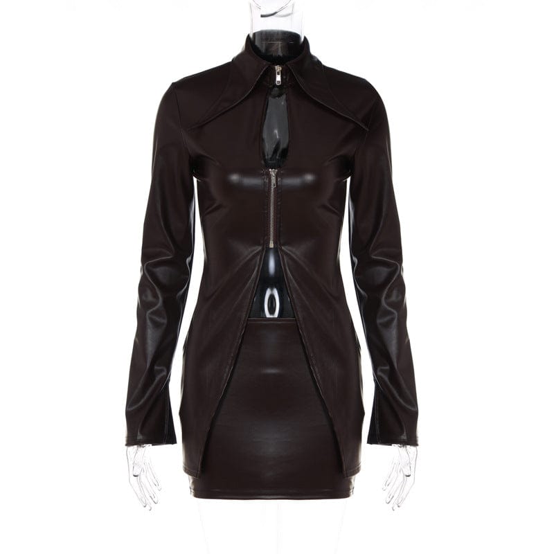 Lygen 693 Pu Faux Leather Long Sleeve Slit Crop Top Mini Skirt Women'S Sets Winter Elegant Wholesale Casual American Clothes