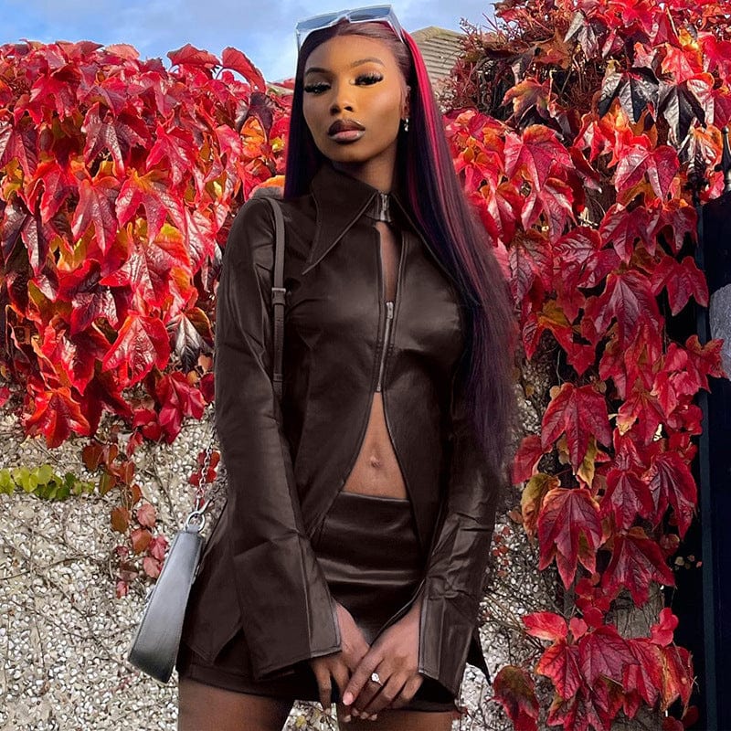 Lygen 693 Pu Faux Leather Long Sleeve Slit Crop Top Mini Skirt Women'S Sets Winter Elegant Wholesale Casual American Clothes