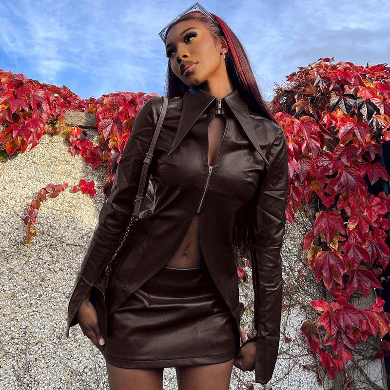 Lygen 693 Pu Faux Leather Long Sleeve Slit Crop Top Mini Skirt Women'S Sets Winter Elegant Wholesale Casual American Clothes