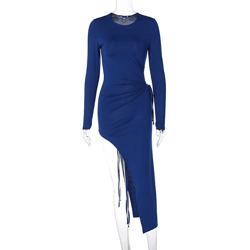 Lygens 0856 O Neck Long Sleeve Hollow Out Hole Slit Elegant Ruched Women Midi Dress Winter Party Evening Club American Clothing