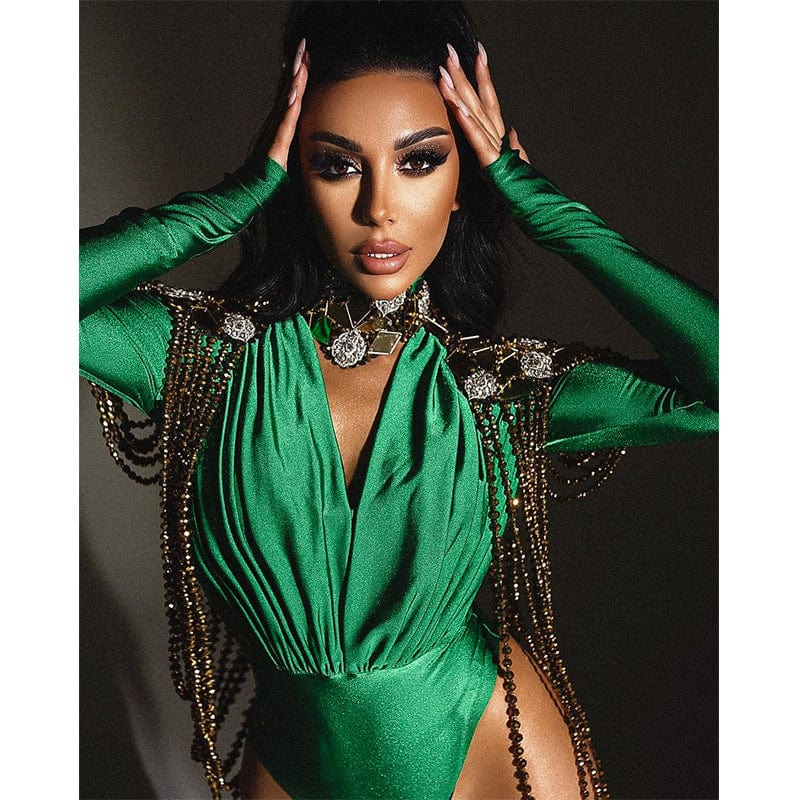 Lygens 10654 Dtretchy Elegant Seep V Long Sleeve Solid Women'S Bodysuit 2022 New Winter Evening Party Outfit Wholesale Clothing