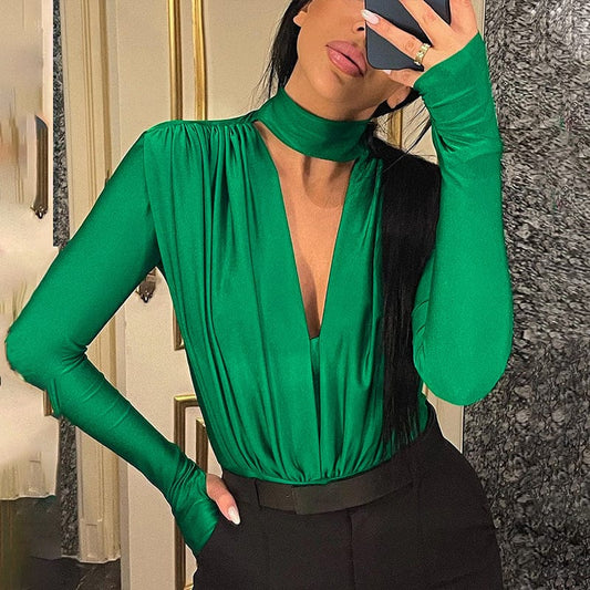 Lygens 10654 Dtretchy Elegant Seep V Long Sleeve Solid Women'S Bodysuit 2022 New Winter Evening Party Outfit Wholesale Clothing