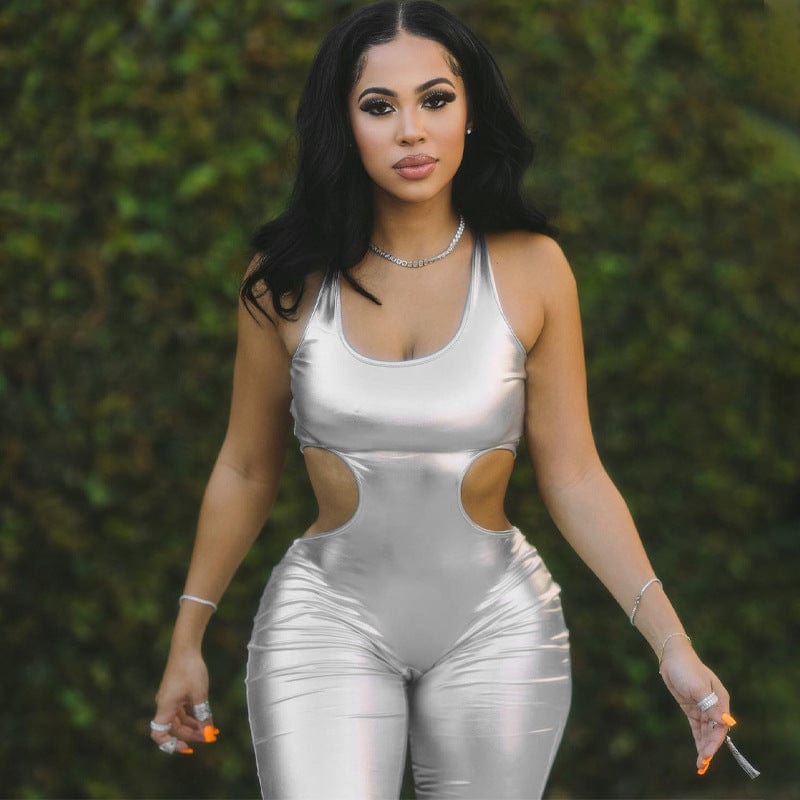 Lygens 10751 Pu Faux Leather Sleeveless Solid Hollow Out Women One Piece Jumpsuit 2022 New Fashion Winter Women American Clothes