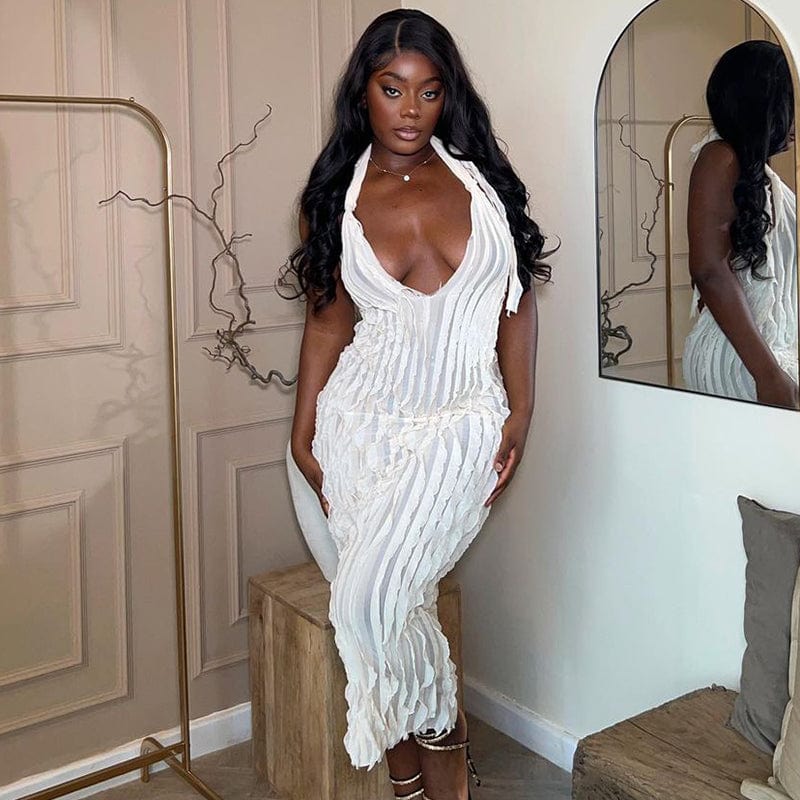 Lygens 129 Halter Solid Backless Ruffle Mesh Stretch Slim Women'S Dresses Autumn Elegant Evening Prom Lady Casual Women Clothes