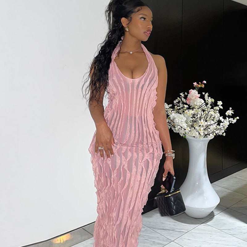 Lygens 129 Halter Solid Backless Ruffle Mesh Stretch Slim Women'S Dresses Autumn Elegant Evening Prom Lady Casual Women Clothes