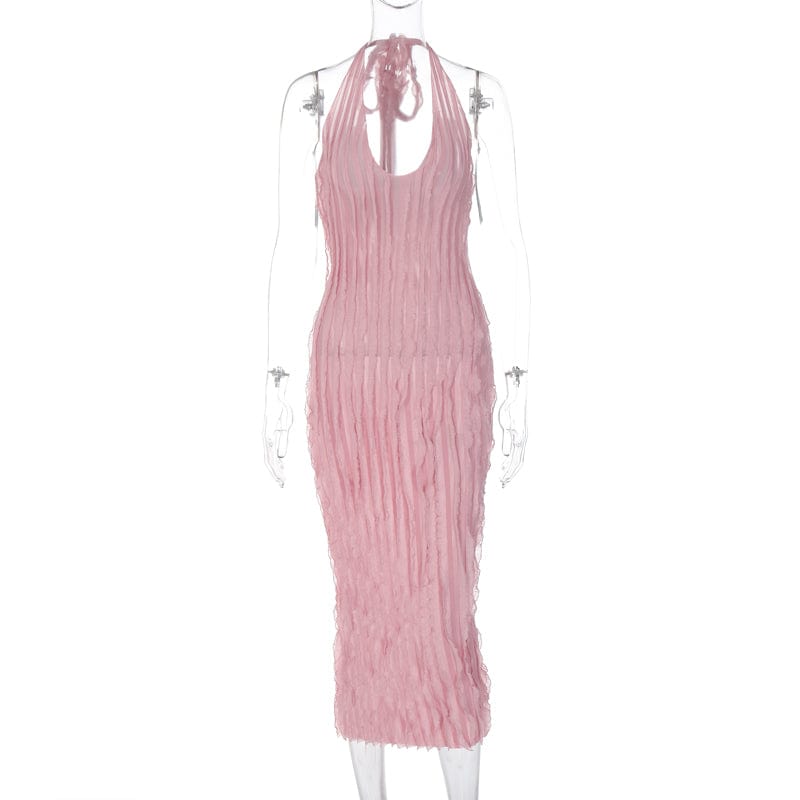 Lygens 129 Halter Solid Backless Ruffle Mesh Stretch Slim Women'S Dresses Autumn Elegant Evening Prom Lady Casual Women Clothes