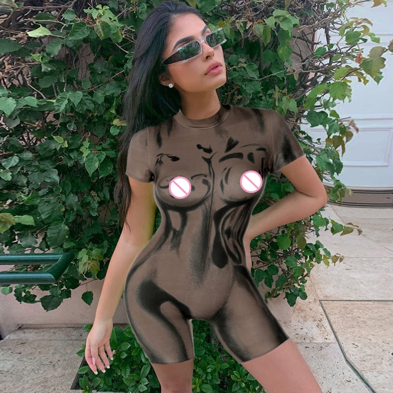 Lygens 2175 Tie Dye Print Stretchy Short Sleeve One Piece Rompers 2023 Summer Casual Streetwear Club Jumpsuits Women Clothes