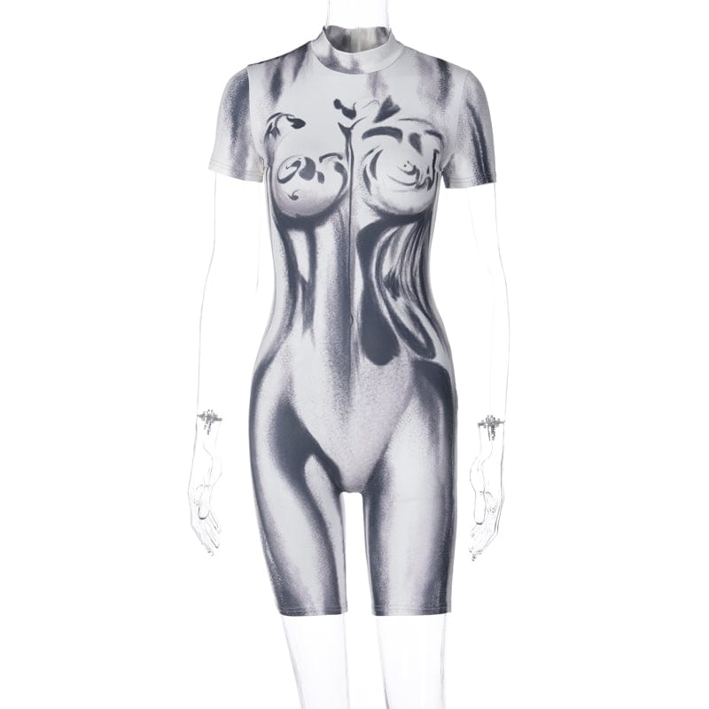 Lygens 2175 Tie Dye Print Stretchy Short Sleeve One Piece Rompers 2023 Summer Casual Streetwear Club Jumpsuits Women Clothes