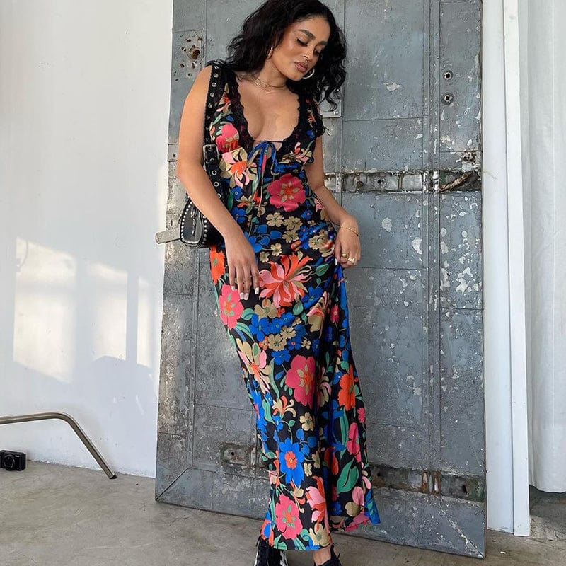 Lygens 2658 Tie Dye Floralprint Lace Deep V Midi Elegant Women Dresses 2023 Summer Casual Evening Party Club American Clothing
