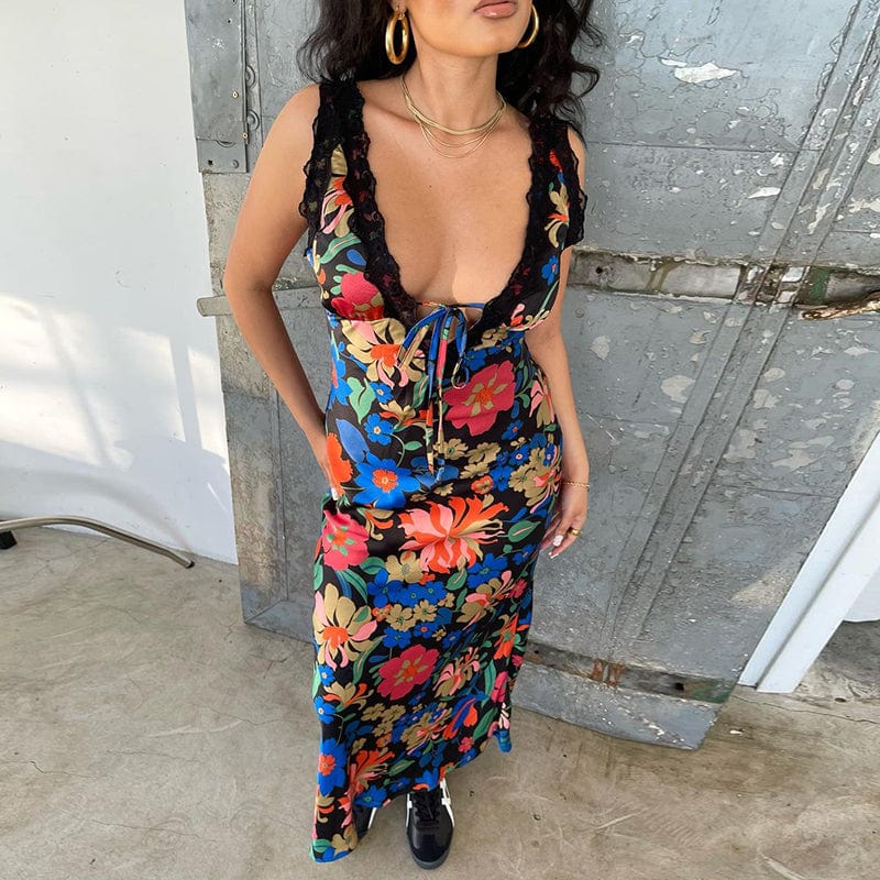 Lygens 2658 Tie Dye Floralprint Lace Deep V Midi Elegant Women Dresses 2023 Summer Casual Evening Party Club American Clothing