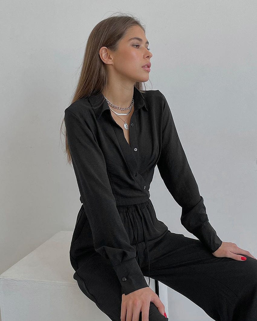 M / #01 Solid Women's 2 Piece Outfits Button Down Long Sleeve V Neck Strappy Blouse Shirt and Pants Set with Pocket