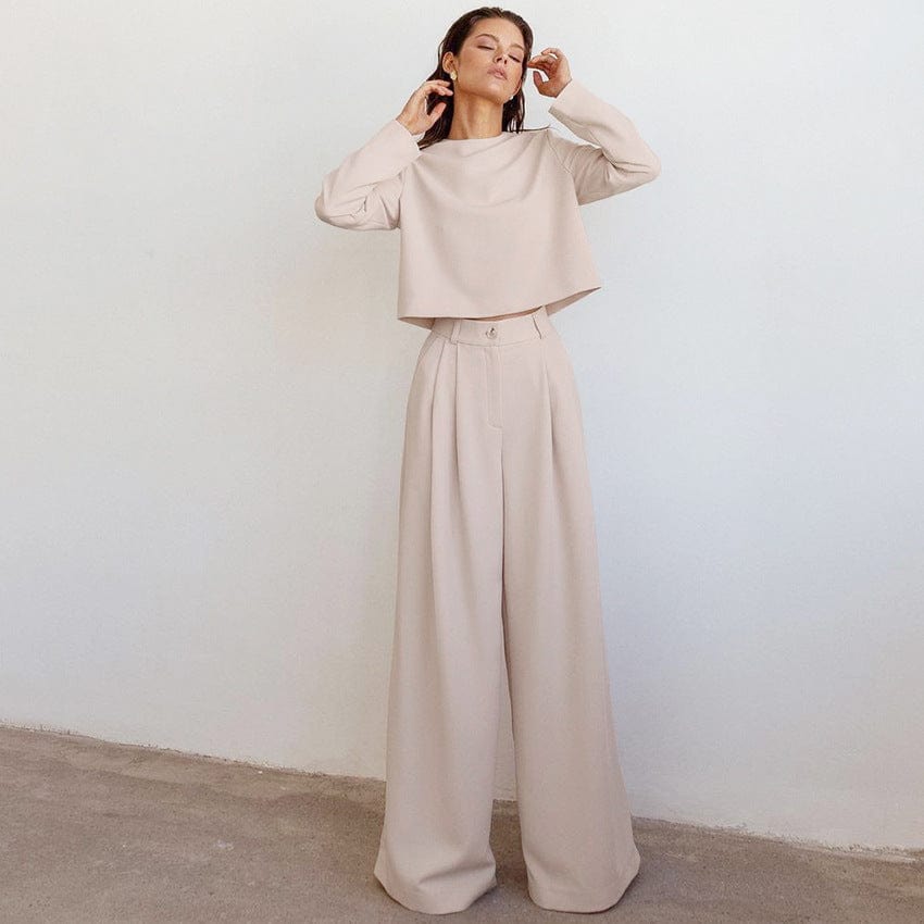M / #01 Women's 2 Piece Outfits Long Sleeve Round Neck Crop Basic Top Cropped Wide Leg Pants Set Jumpsuits Formal