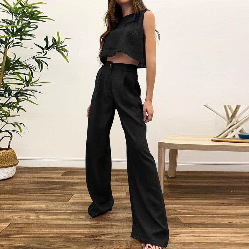 M / #02 Casual Solid Womens 2 Piece Set Outfits Loungewear Streetwear Crop Tank Top Wide Leg High Waist Pants Formal