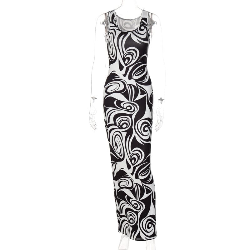 M / #02 Dropshipping 2022 New design ladies casual dresses women summer neck sleeveless bodycon printed long dress