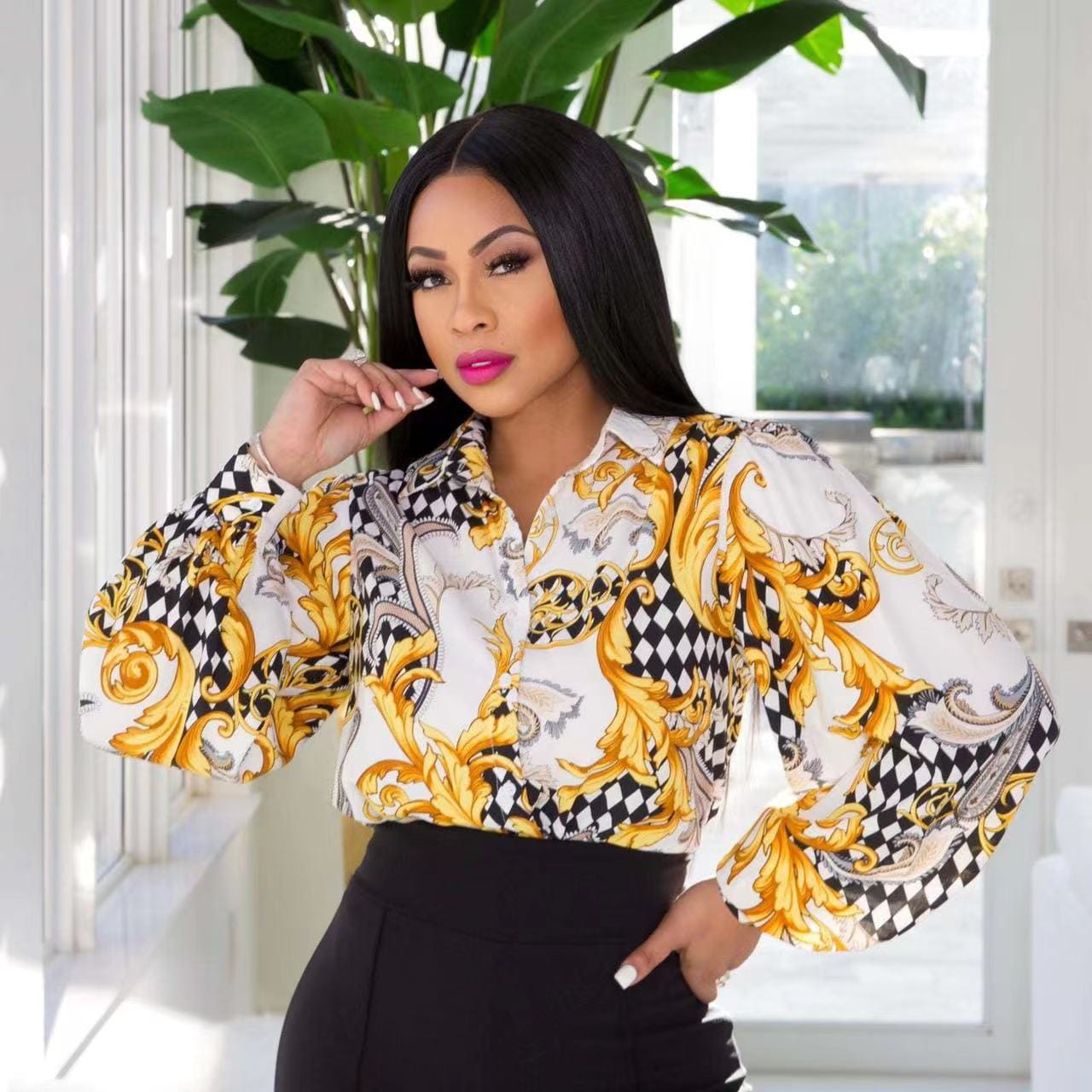 M / 02 J&H 2023 new arrivals vintage baroque chain printed long sleeve shirts women casual fall tops fashionable design