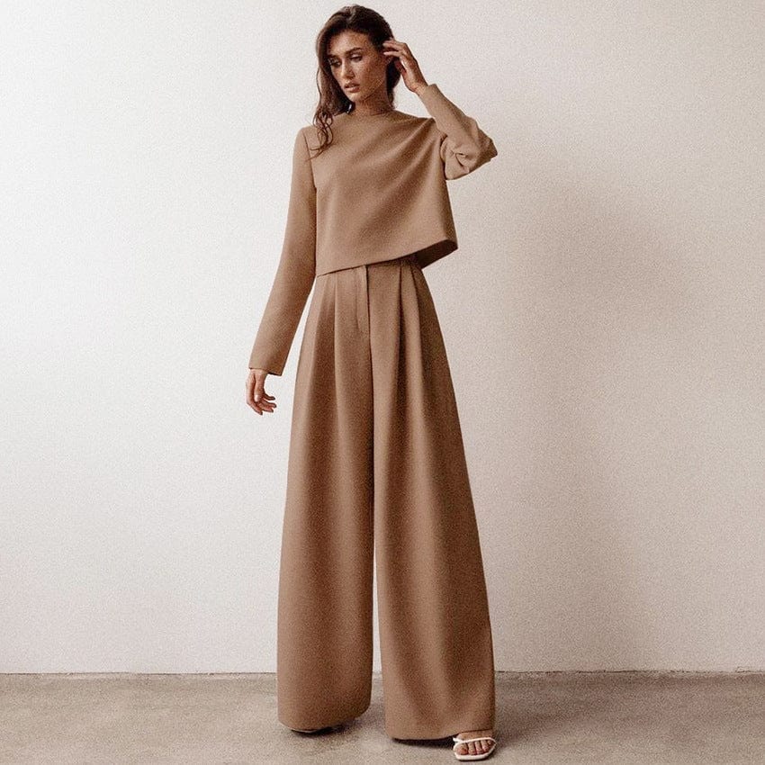 M / #02 Women's 2 Piece Outfits Long Sleeve Round Neck Crop Basic Top Cropped Wide Leg Pants Set Jumpsuits Formal