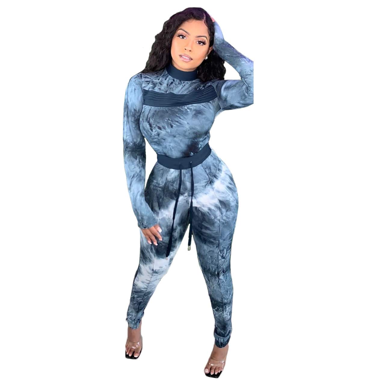 M / #02 Women's 2 Piece Outfits Summer Casual Print Long Sleeve Crop Top Bodycon Tight Pant Set Tracksuit Jogger