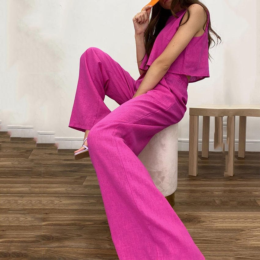 M / #03 Casual Solid Womens 2 Piece Set Outfits Loungewear Streetwear Crop Tank Top Wide Leg High Waist Pants Formal