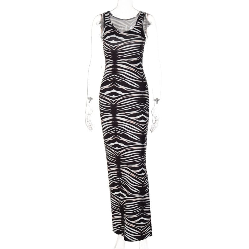 M / #04 Dropshipping 2022 New design ladies casual dresses women summer neck sleeveless bodycon printed long dress