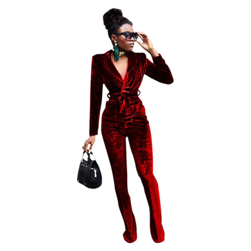 M / 1 business suit 2023 new arrivals velvet v neck long sleeve shirt and flared pants two piece sweat suits