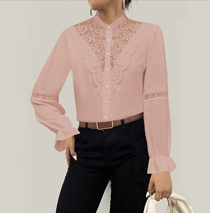 M / 1 Fashion sexy white Lace Patchwork Hollow Blouse for Women's 2022 Autumn Long Sleeve Button Vintage Elegant ladies Shirt Tops