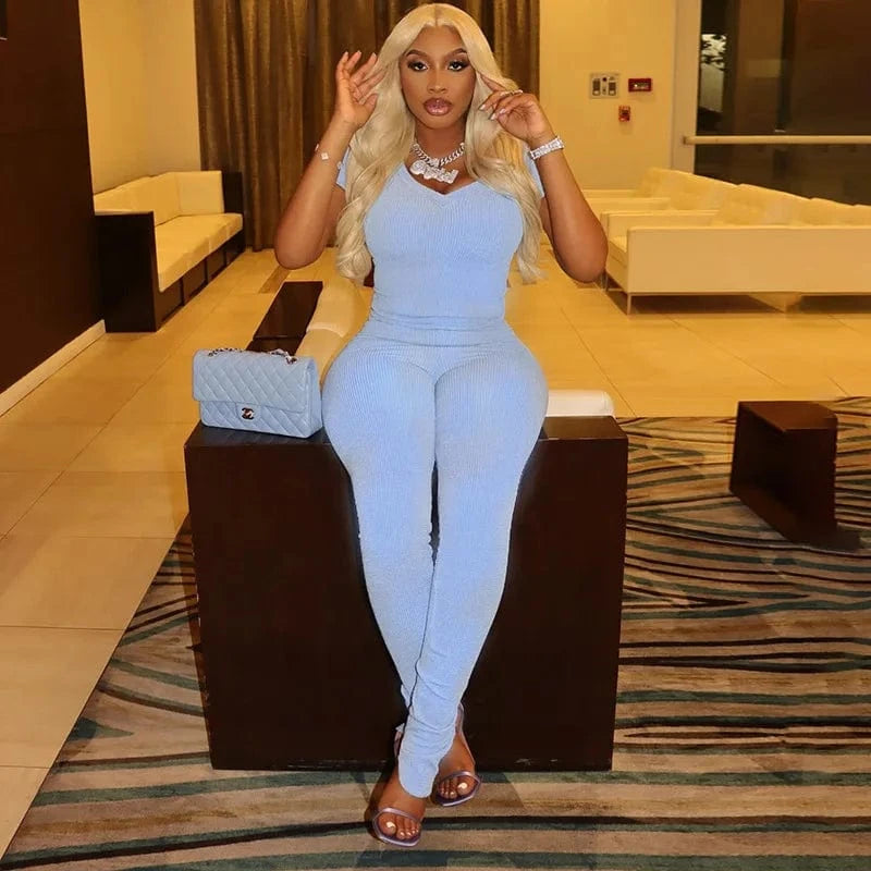 M / 1 J&HSpring 2024 Women Jogger Set Custom Short Sleeve Tight Ribbed Knitted Two Piece Pants Legging Sweatsuit Set