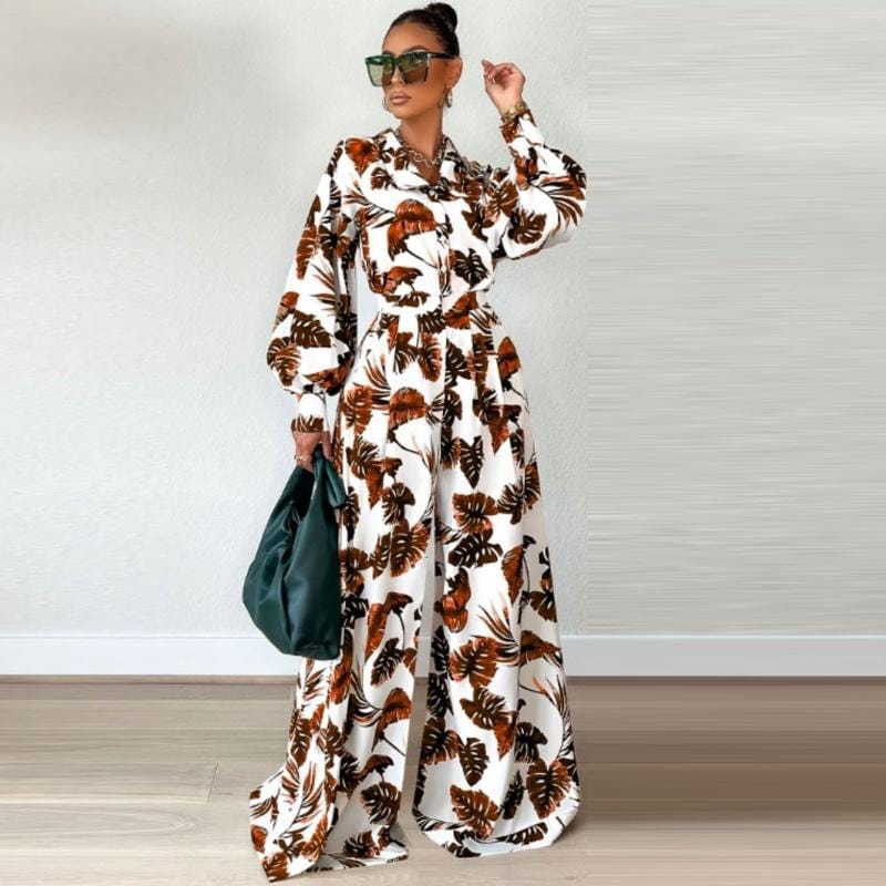M / 2 Fall Custom Casual Printed Long Sleeve Shirts Blouse Tops Wide Leg Pants Women Two Piece Outfits Set