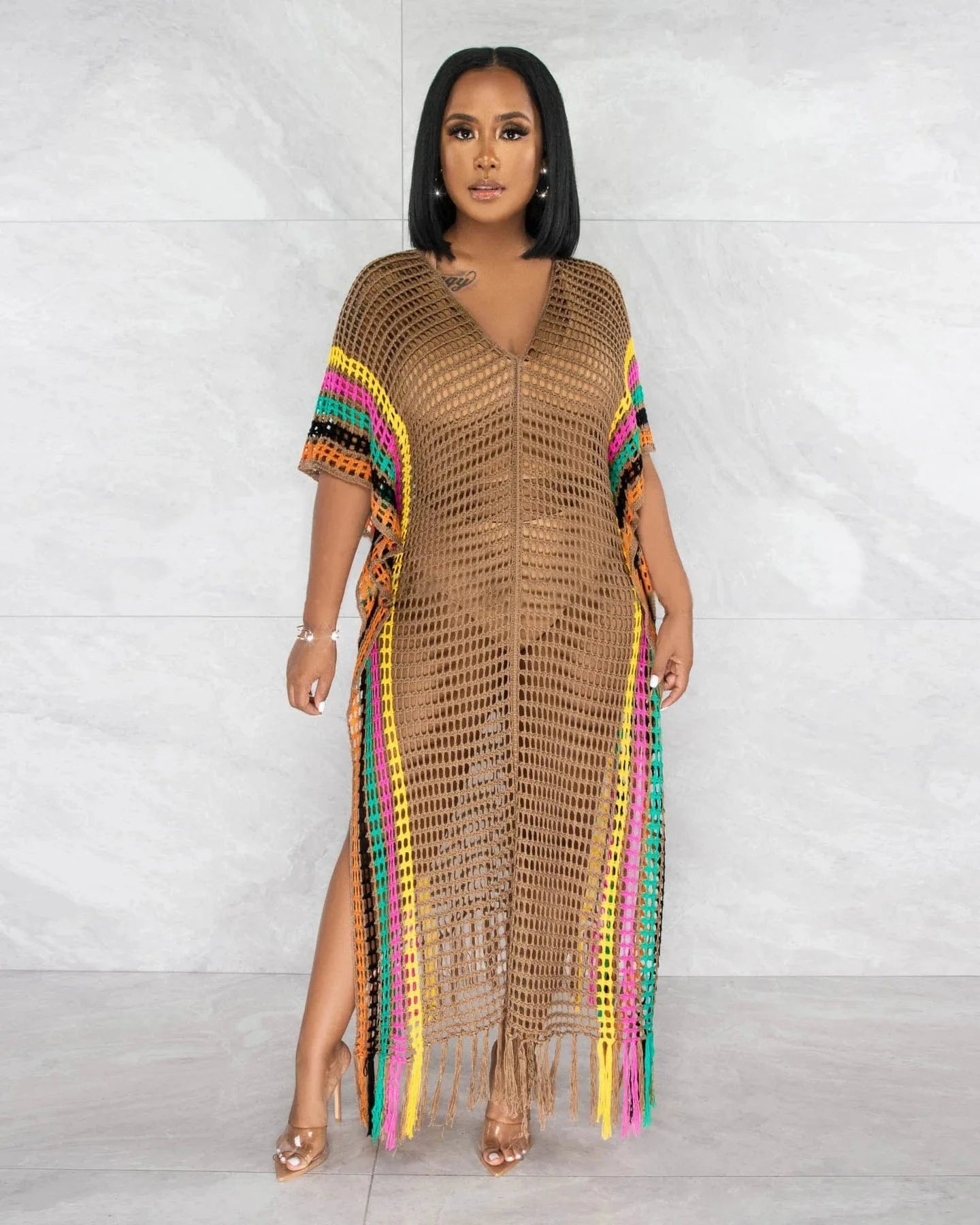 M / 2 J&H Summer 2024 Women'S Long Dresses Sexy Woolen Hand Crochet Tassels Woman Summer Knitted Beach Hand Crochet Dress