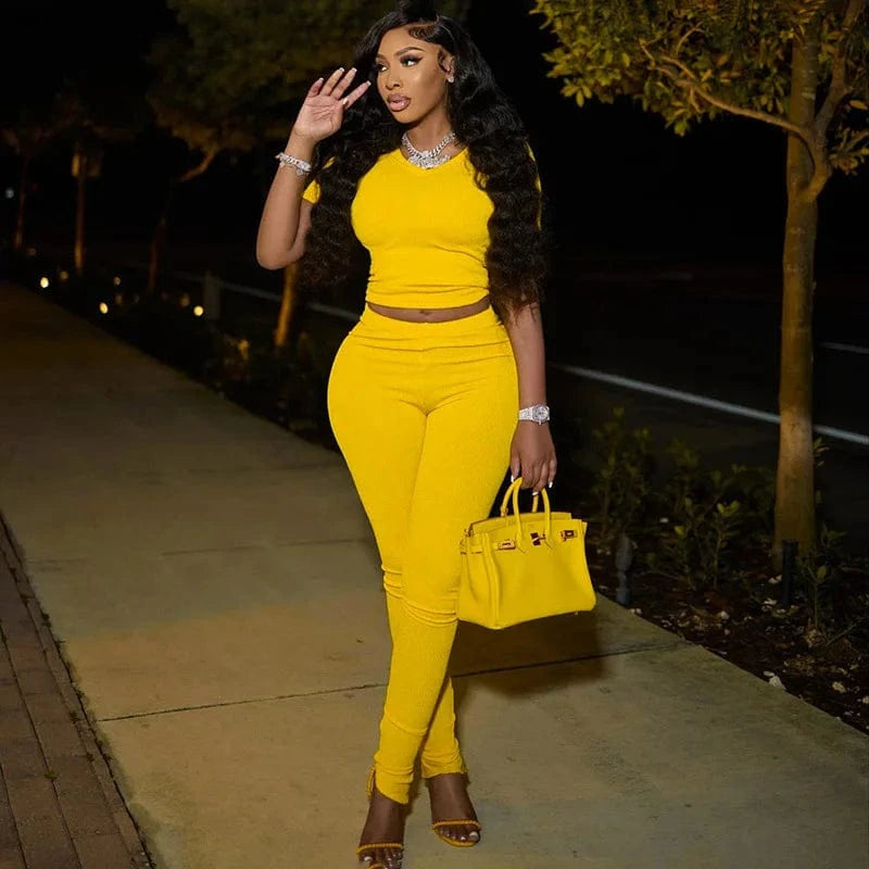 M / 2 J&HSpring 2024 Women Jogger Set Custom Short Sleeve Tight Ribbed Knitted Two Piece Pants Legging Sweatsuit Set