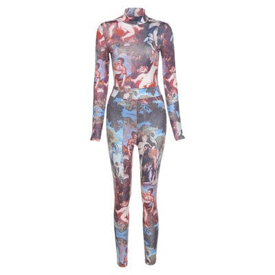 M / 2 Mesh Aesthetic Print Sexy Long Sleeve Sets Women Bodysuit And Leggings Party Skinny One Piece Outfit Jumpsuit