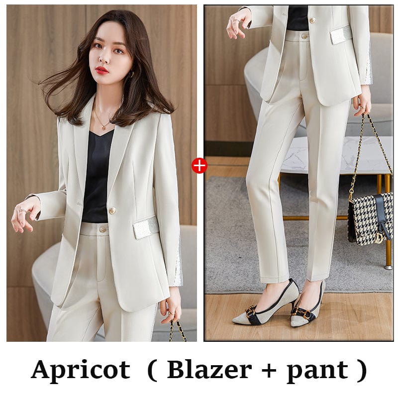 M / 2 Piece Apricot pant Suit Wholesale 2 Pieces Pant Set Suits Fashion Office Ladies Work Wear for Women's Business Female Formal  Blazer Outfit Pant Suits