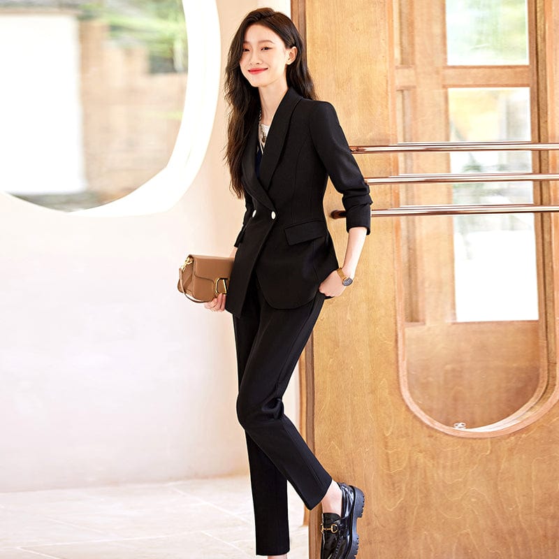 M / 2 Piece Black Pant Suit OEM Wholesale 2 Piece Solid Set for Women Business Office Lady Work Wear Single Breasted Clothes Blazer with Trousers