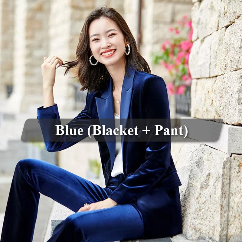 M / 2 Piece Blue Pant Suit High-quality Velvet Fabric Business Pant Suit 2 Piece Set for Women Fashion Jacket and Trouser Double Breasted Office Lady Style