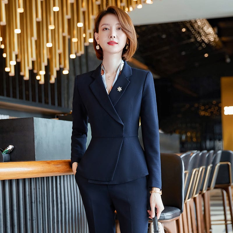 M / 2 Piece Navy Blue Pant Suit High-quality Wholesale Ruffles Business 2 Piece Suit Set for Women Clothes Suit Business Office Lady Work Wear Pant Suits
