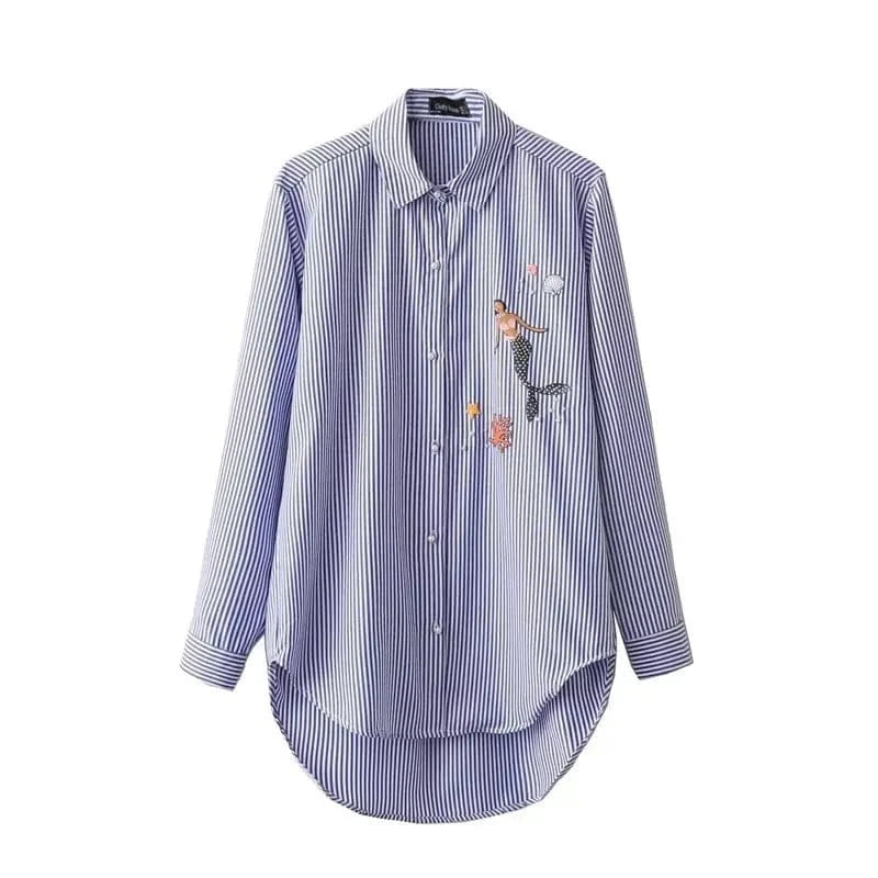 M / 2 Women floral dragonfly embroidery full cotton striped blouse long sleeve long shirt European ladies casual tops blusas E8437