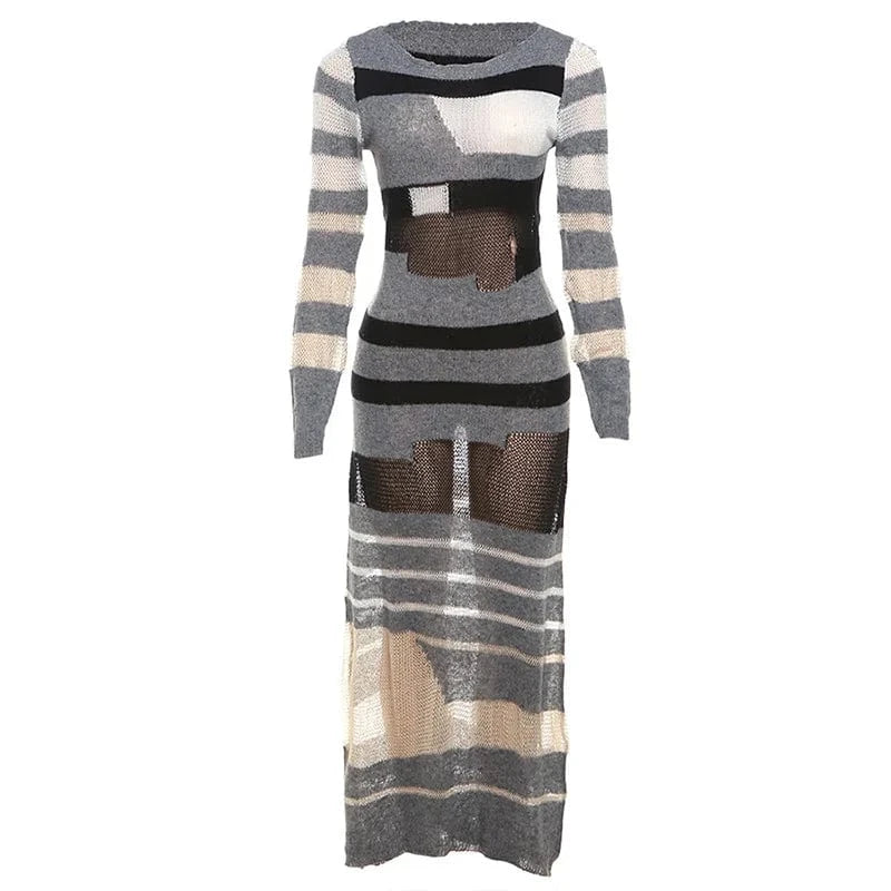 M / 24DS010905 black CUTENOVA 24DS010905 Streetwear 2024 Stripes Patchwork Winter Knitted Slim Fit Maxi Dress Dresses Women Sexy