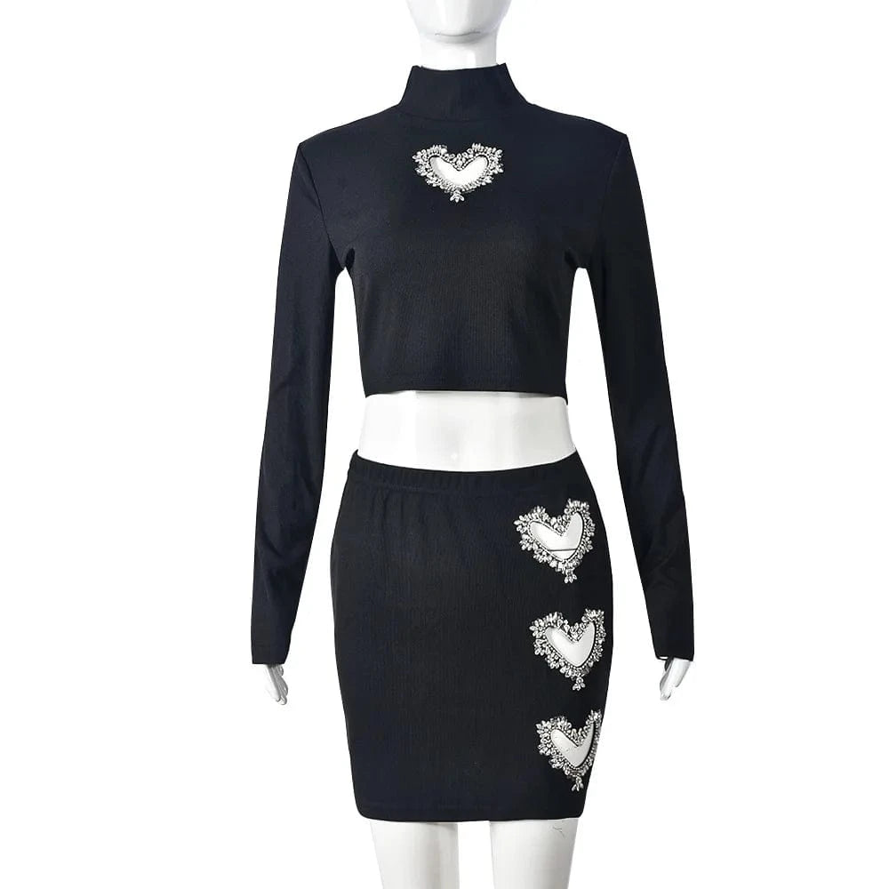 M / 24ST010804 Black CUTENOVA 24ST010804 Hollow-Out Heart Shape Rhinestone Long Sleeve Crop Top Pencil Skirt Two Piece Skirt Set Women 2024