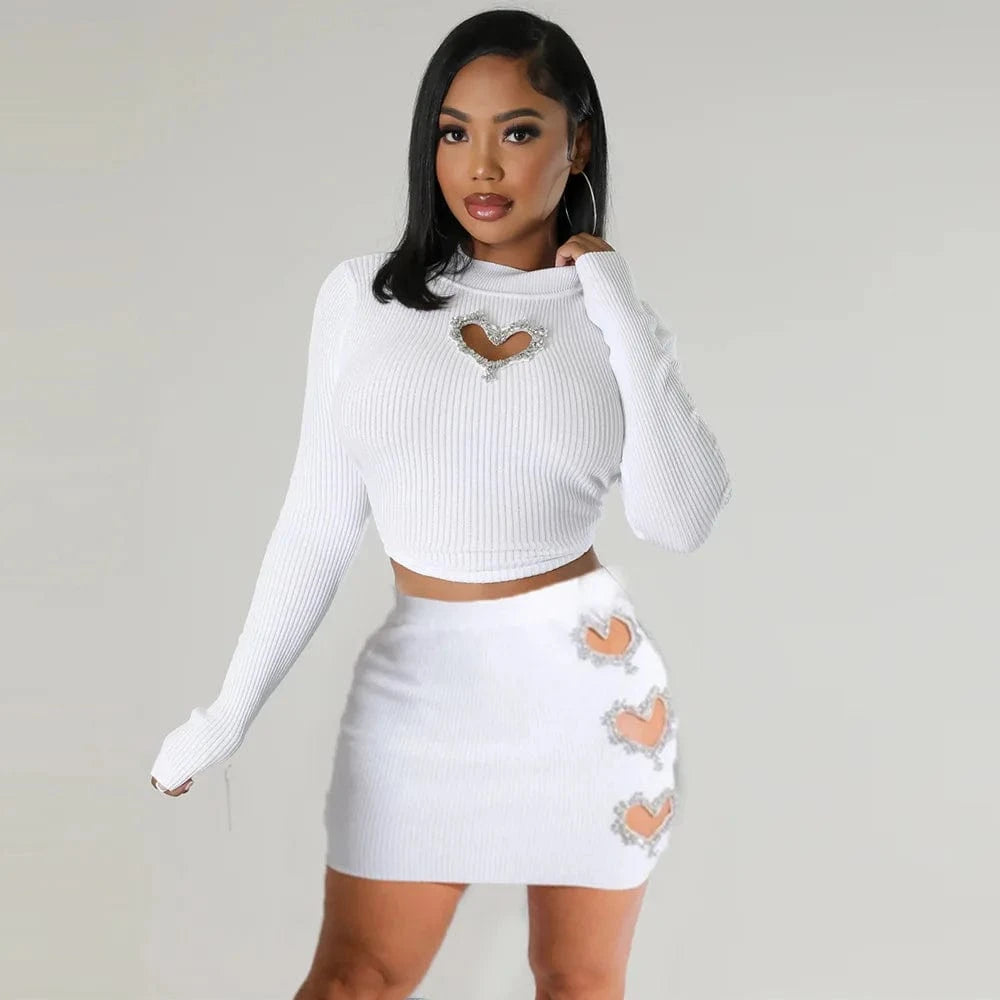 M / 24ST010804 White CUTENOVA 24ST010804 Hollow-Out Heart Shape Rhinestone Long Sleeve Crop Top Pencil Skirt Two Piece Skirt Set Women 2024