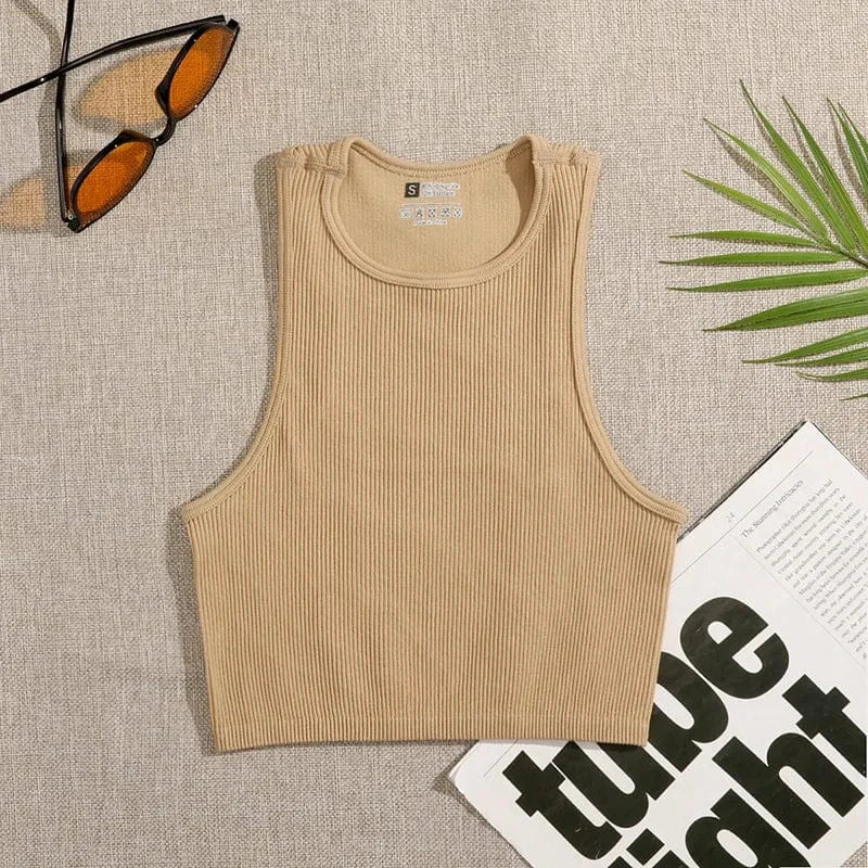 M / 24TP010903 khaki / Polyester / Cotton CUTENOVA 24TP010903 High Quality 2024 Simple Yoga Joggers Chic New  Sleeveless Tank Crop Top T Shirt Women