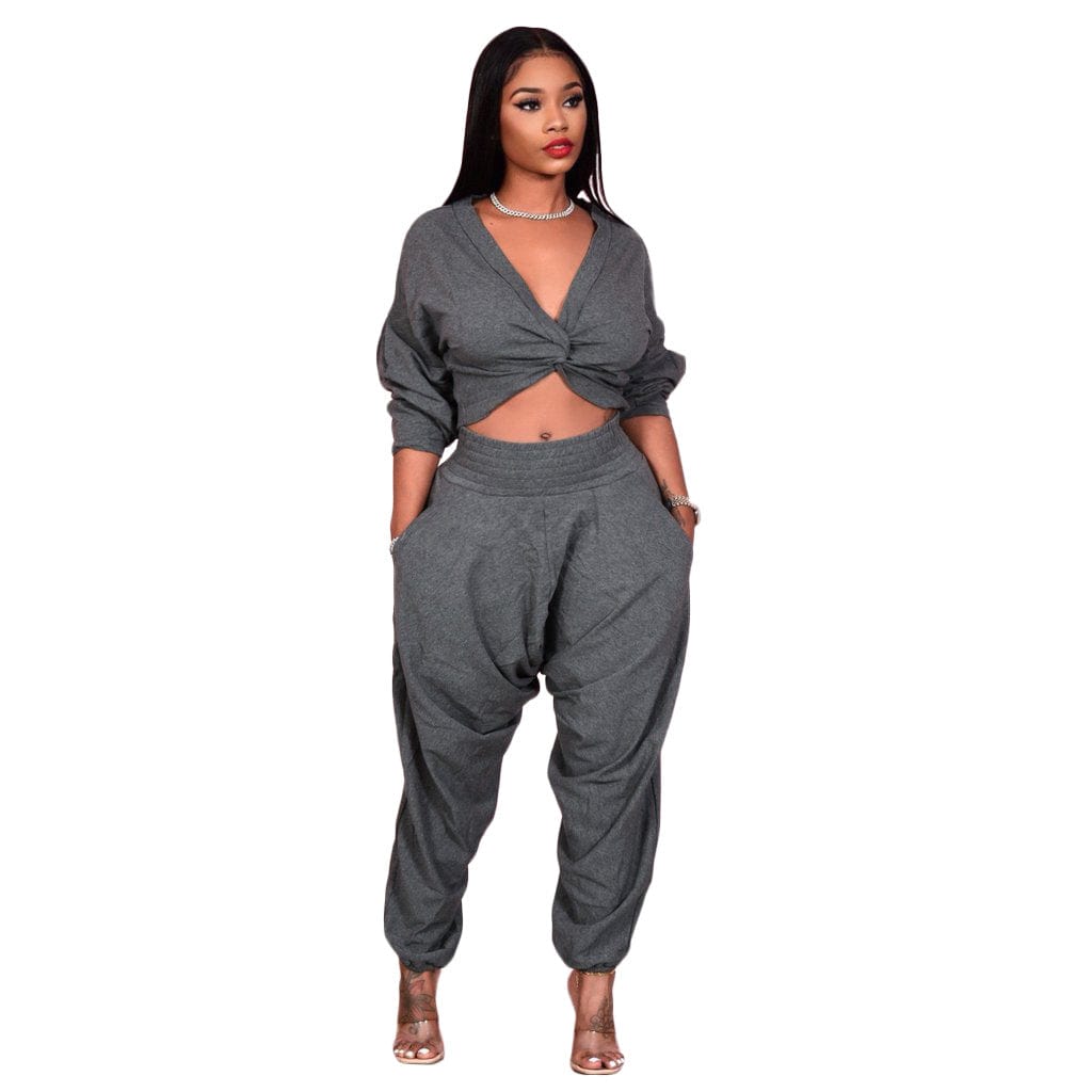 M / 3 sexy crop top street v-neck solid casual two piece outfits set for ladies