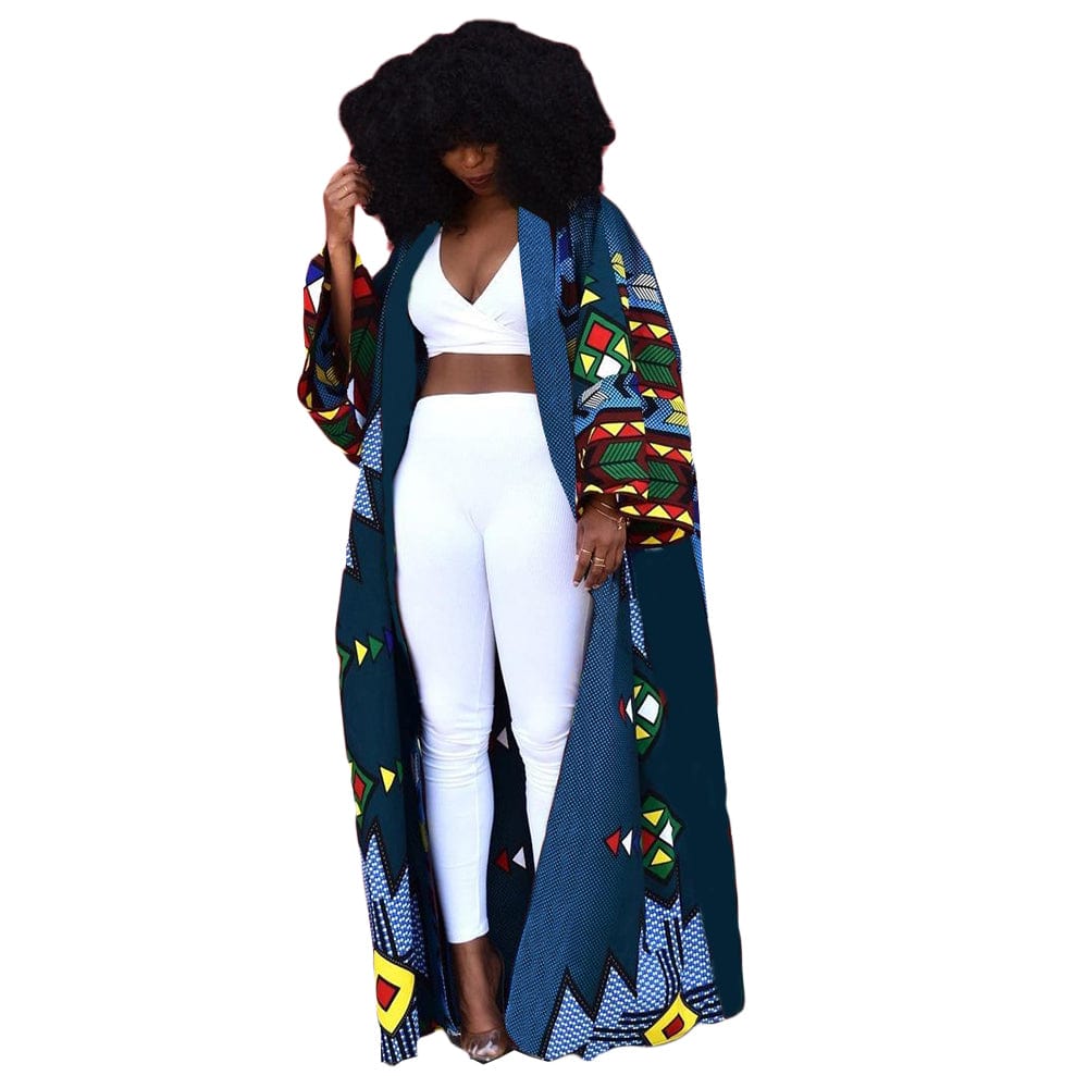 M / 4 Fall Fashion New African Printed Jacket Dress Women's Flare Sleeve Front Zipper Office Maxi Coat Dress Printed