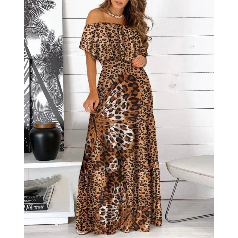 M / 4 High Quality Summer Casual Explosive Skirt Falbala Off-the-shoulder Lace Printed Dress for Women