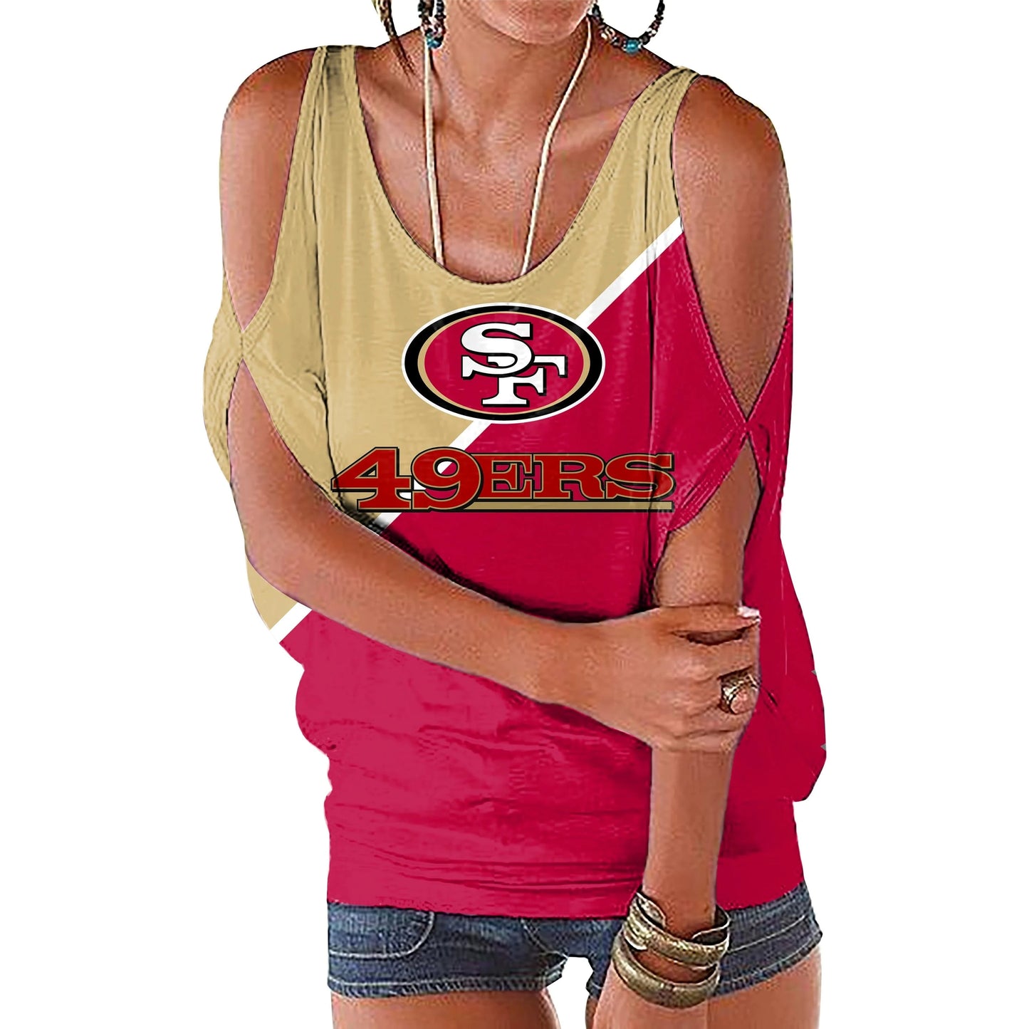 M / 49ers custom nfl polyester t shirt girl o neck short sleeve plain shirts ladies off shoulder plus size women's blouses & shirts